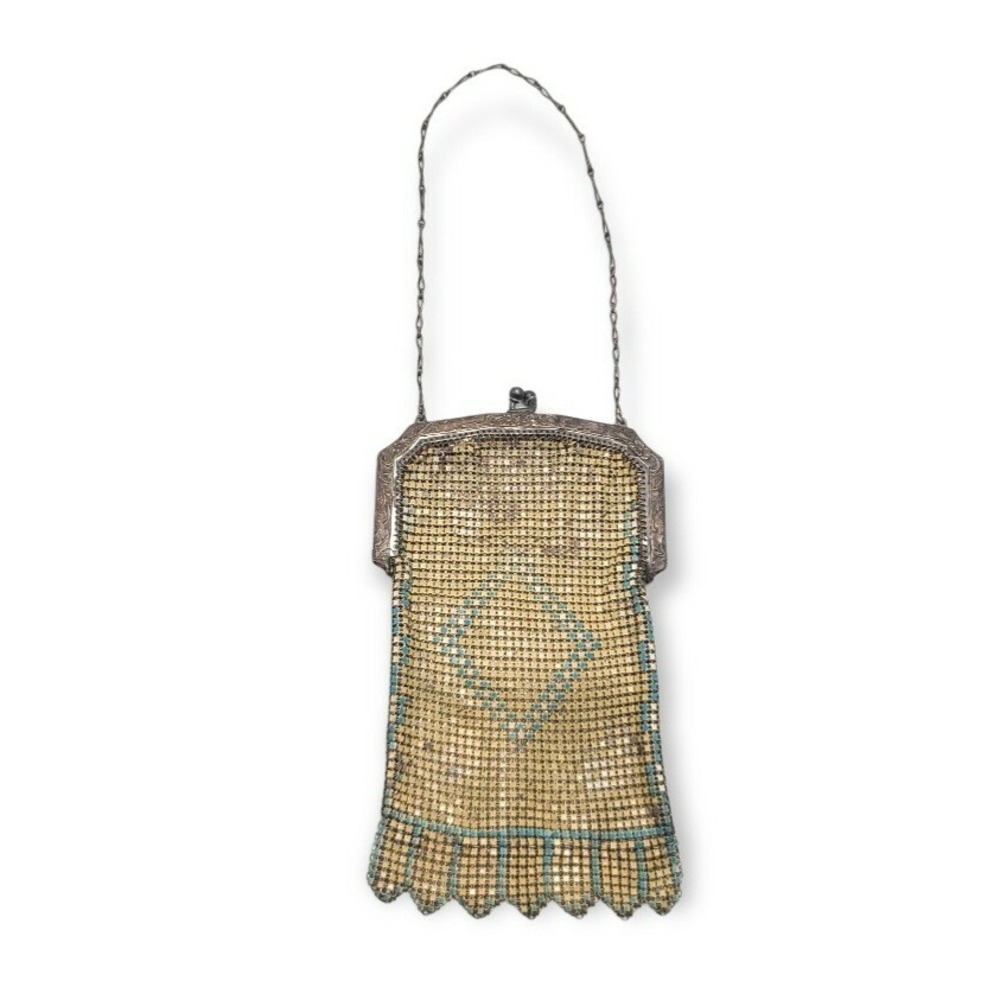 Vintage Whiting & Davis Mesh Enameled Purse Art Deco Blue Yellow 1920s Flapper